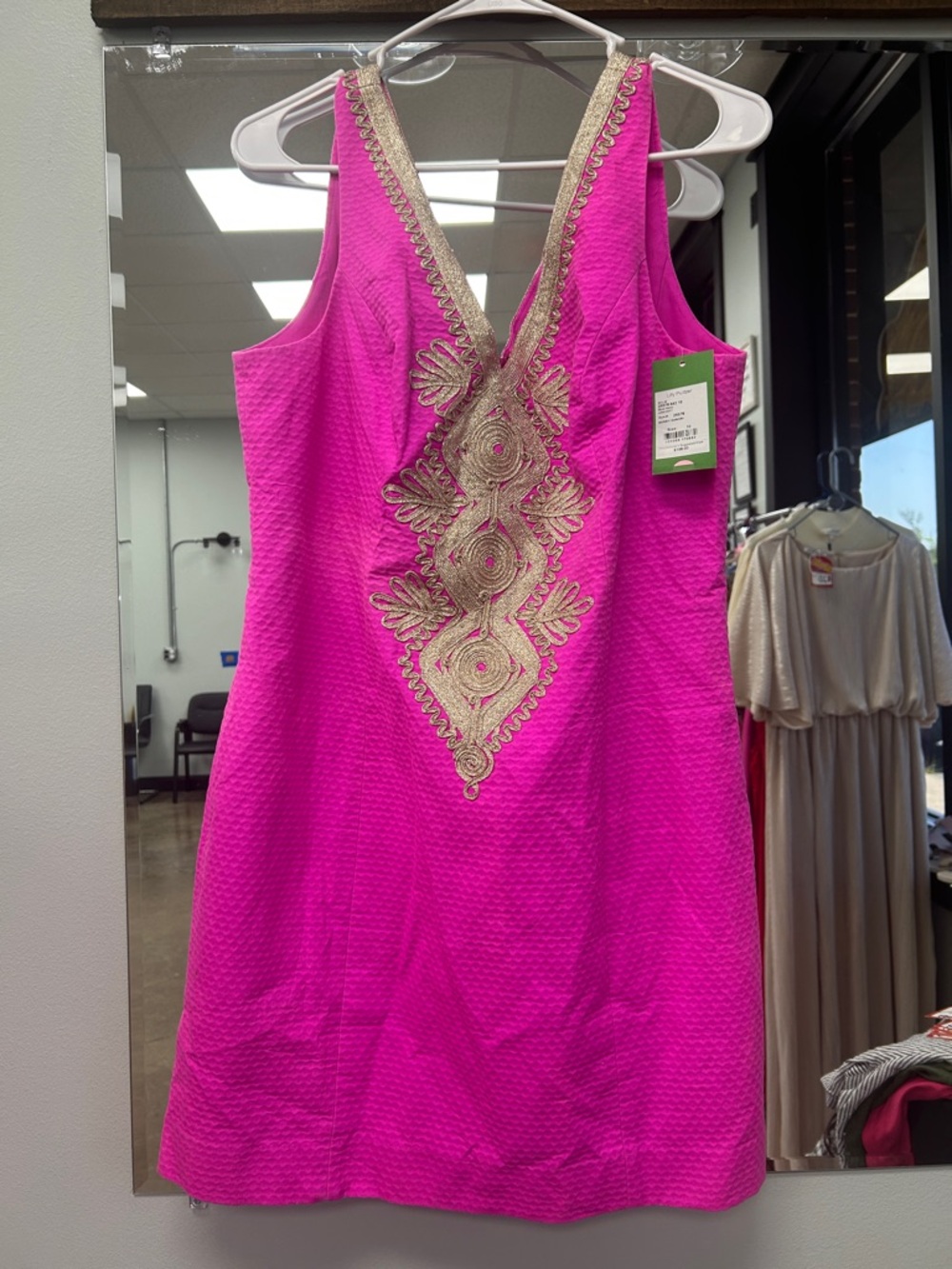 Bright Fuchsia Sleeveless V-Neck Embroidered Shift Dress